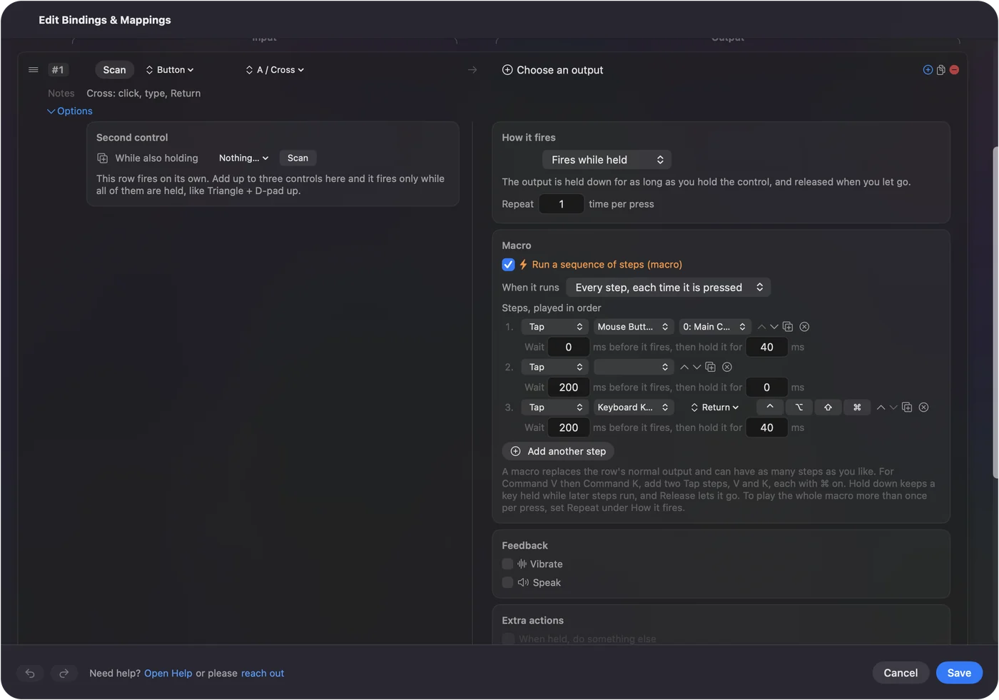 Řádek v editoru InputConfig s otevřenými Možnostmi: řádek tlačítka se zaškrtnutým Run a sequence of steps a seznamem kroků kliků a stisků kláves.