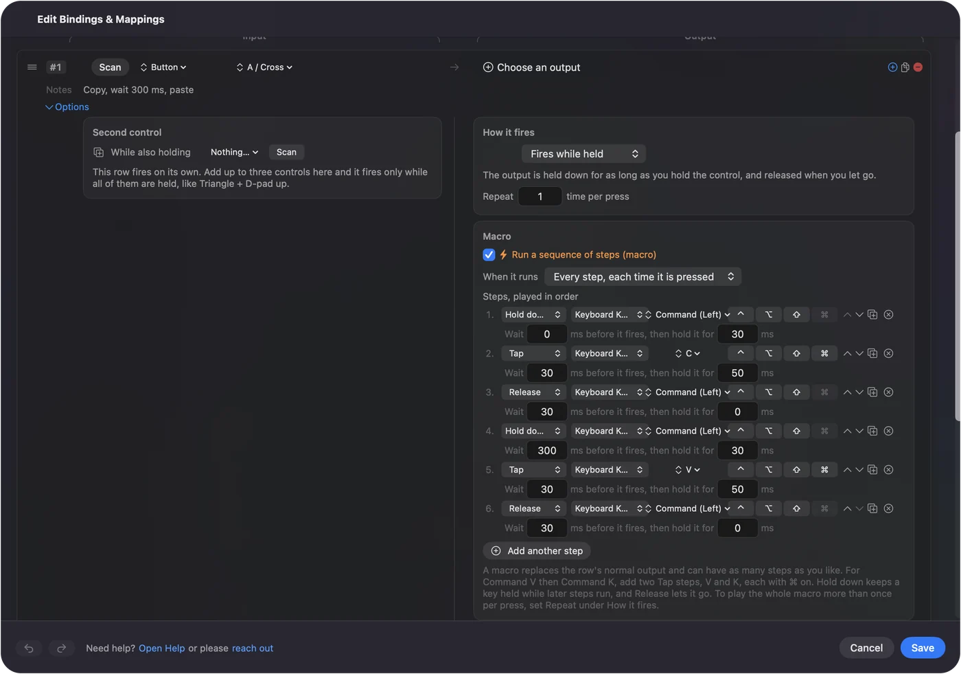 Kroky makra v Options řádku: Command C, čekání 300 ms, potom Command V.