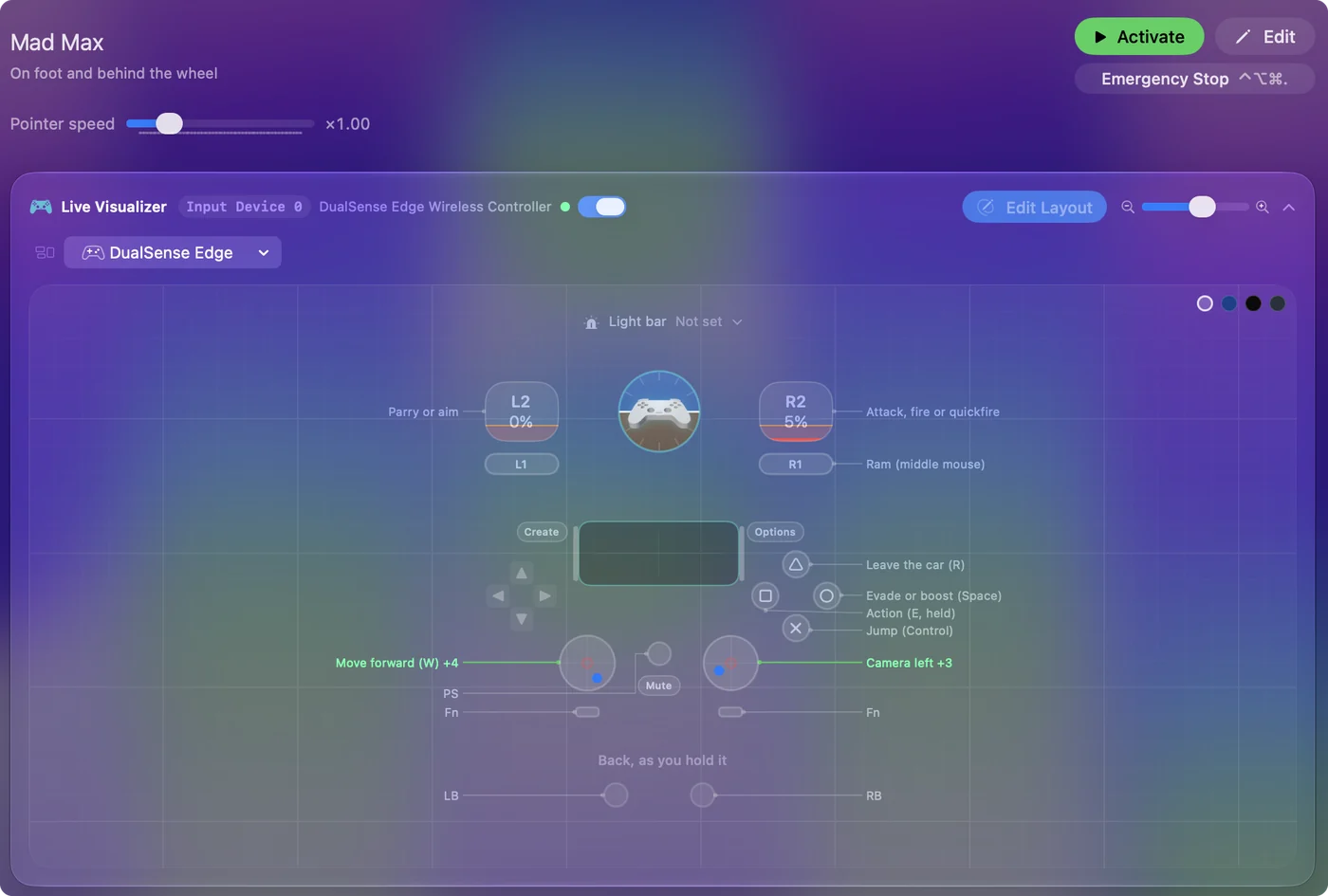 Rozložení Mad Max nakreslené na DualSense Edge v Live Visualizer v InputConfig, s každým ovládacím prvkem popsaným klávesou, kterou posílá.