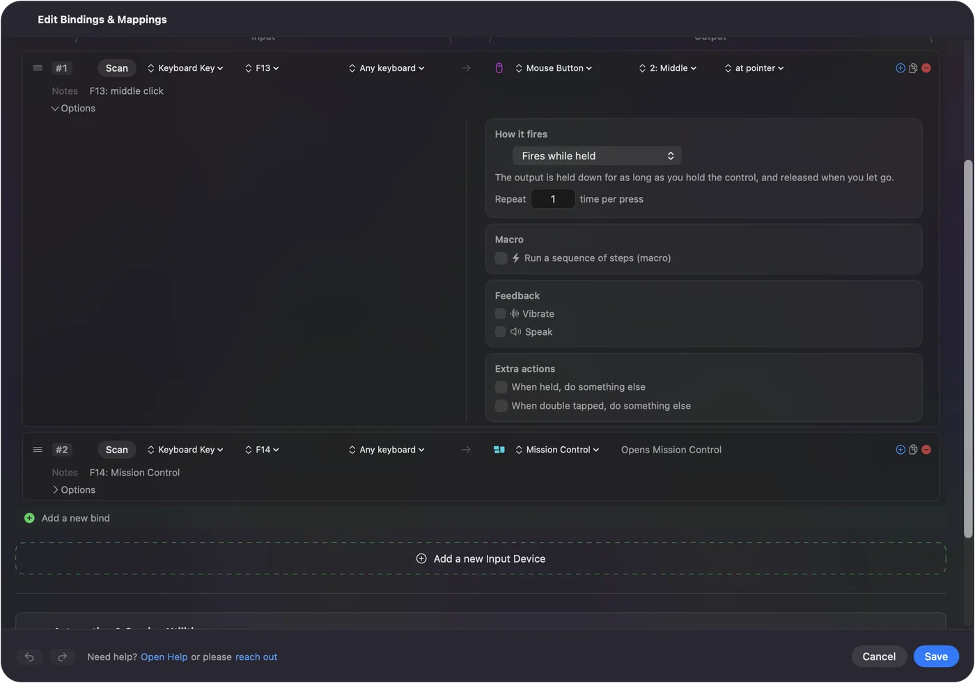 Řádek v editoru InputConfig s otevřenou položkou Options: řádek F13 posílá prostřední klik a řádek F14 otevírá Mission Control.
