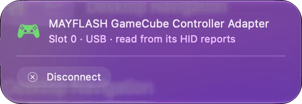Vyskakovací okno pro MAYFLASH GameCube Controller Adapter nahoře v postranním panelu InputConfig: Slot 0, USB, čteno z HID reportů, s tlačítkem Disconnect.