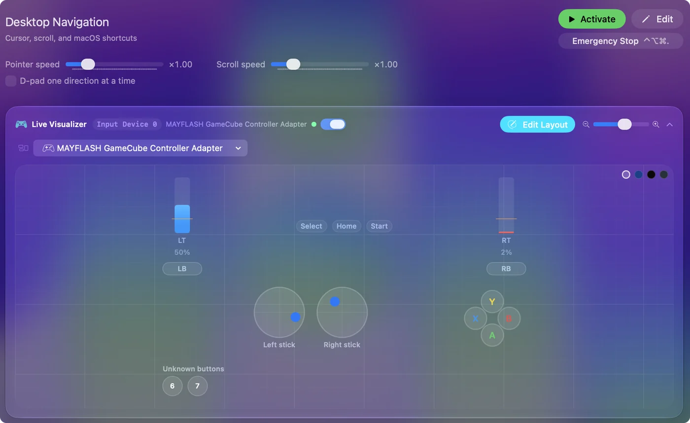 Live Visualizer v InputConfig s předvolbou Desktop Navigation a připojeným adaptérem MAYFLASH GameCube Controller, jehož stisknutá tlačítka svítí.