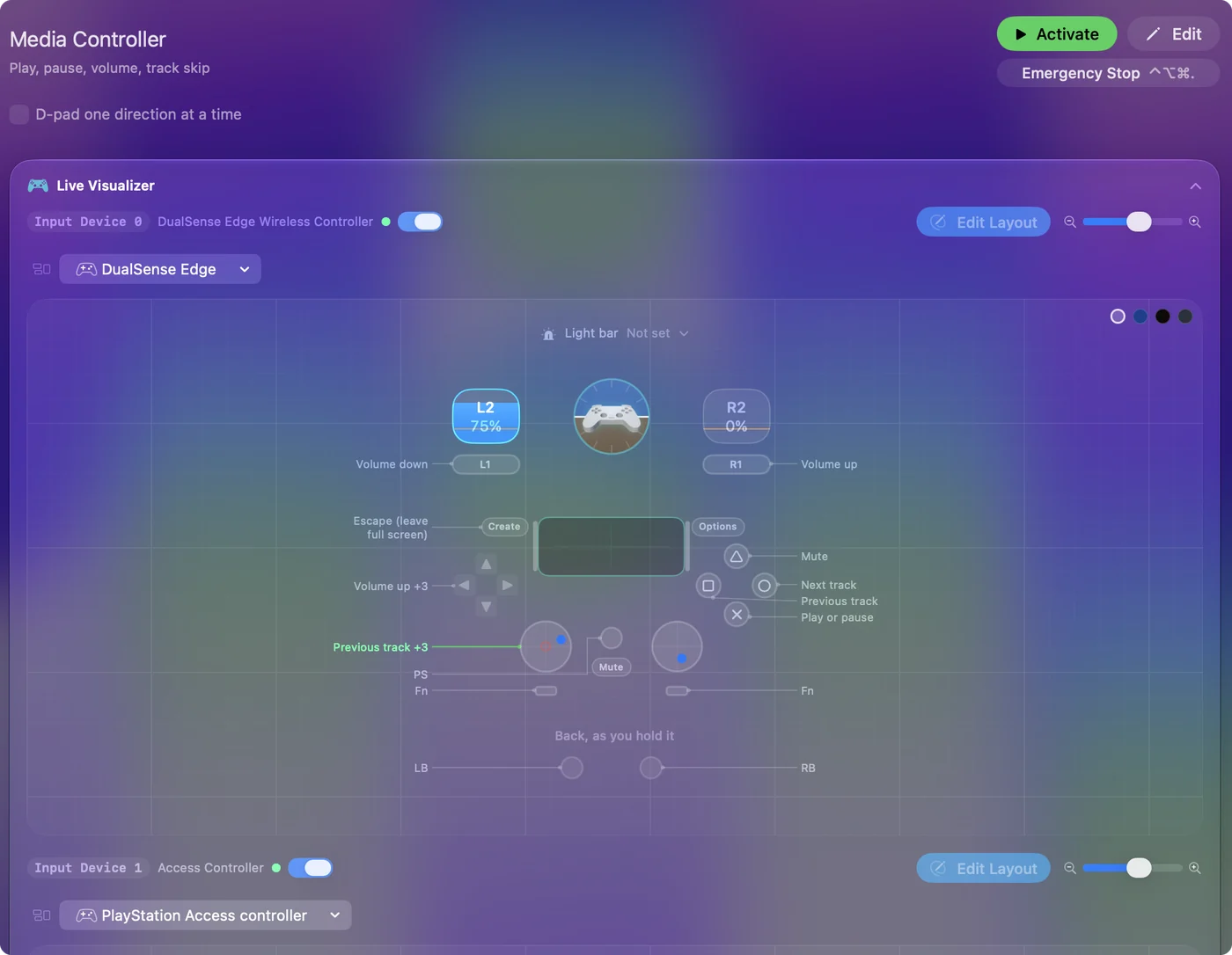 The built-in Media Controller preset page in InputConfig, with the Live Visualizer key naming play and pause on A and volume on the bumpers.