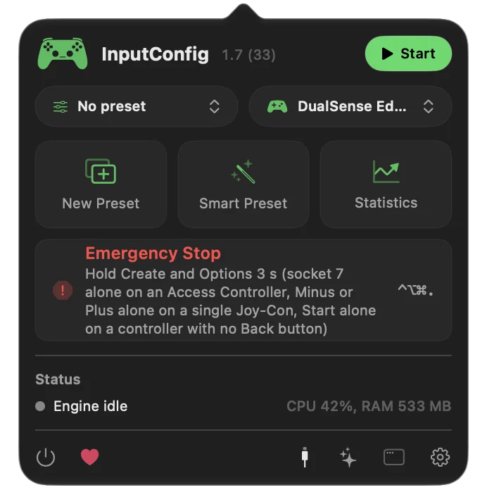 InputConfig's menu bar popover with the preset picker, New Preset, Smart Preset, Statistics, Emergency Stop and the engine status.