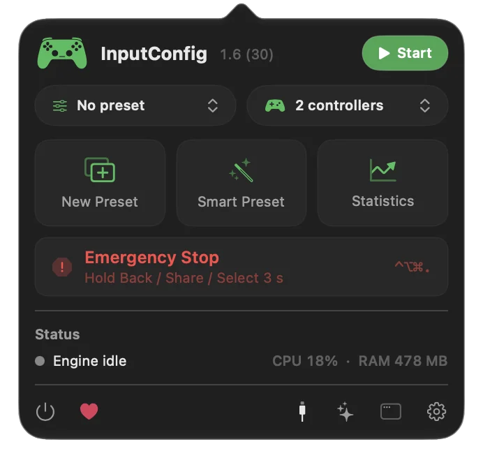 InputConfig menu bar popover with the Emergency Stop button and its shortcut.