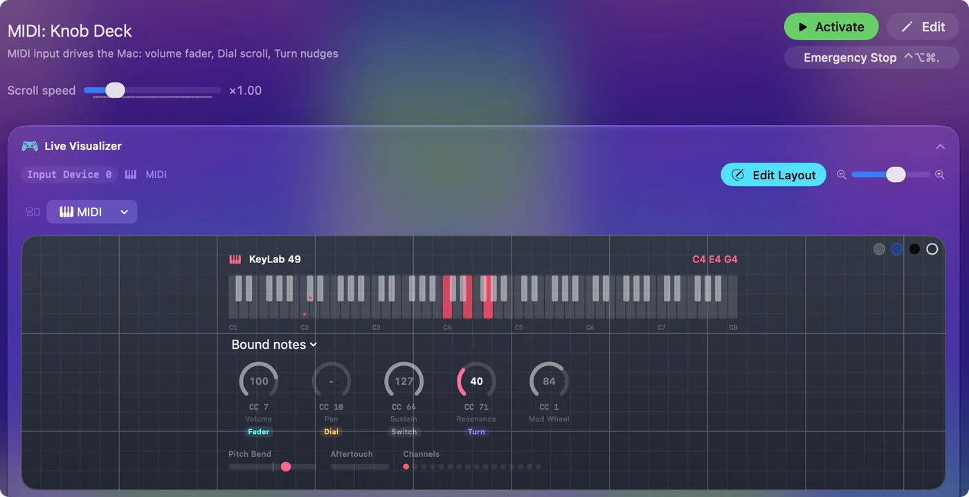 The Live Visualizer's MIDI layout with a keyboard shaded by velocity, a dial for each knob, pitch bend and aftertouch meters, and an event log.