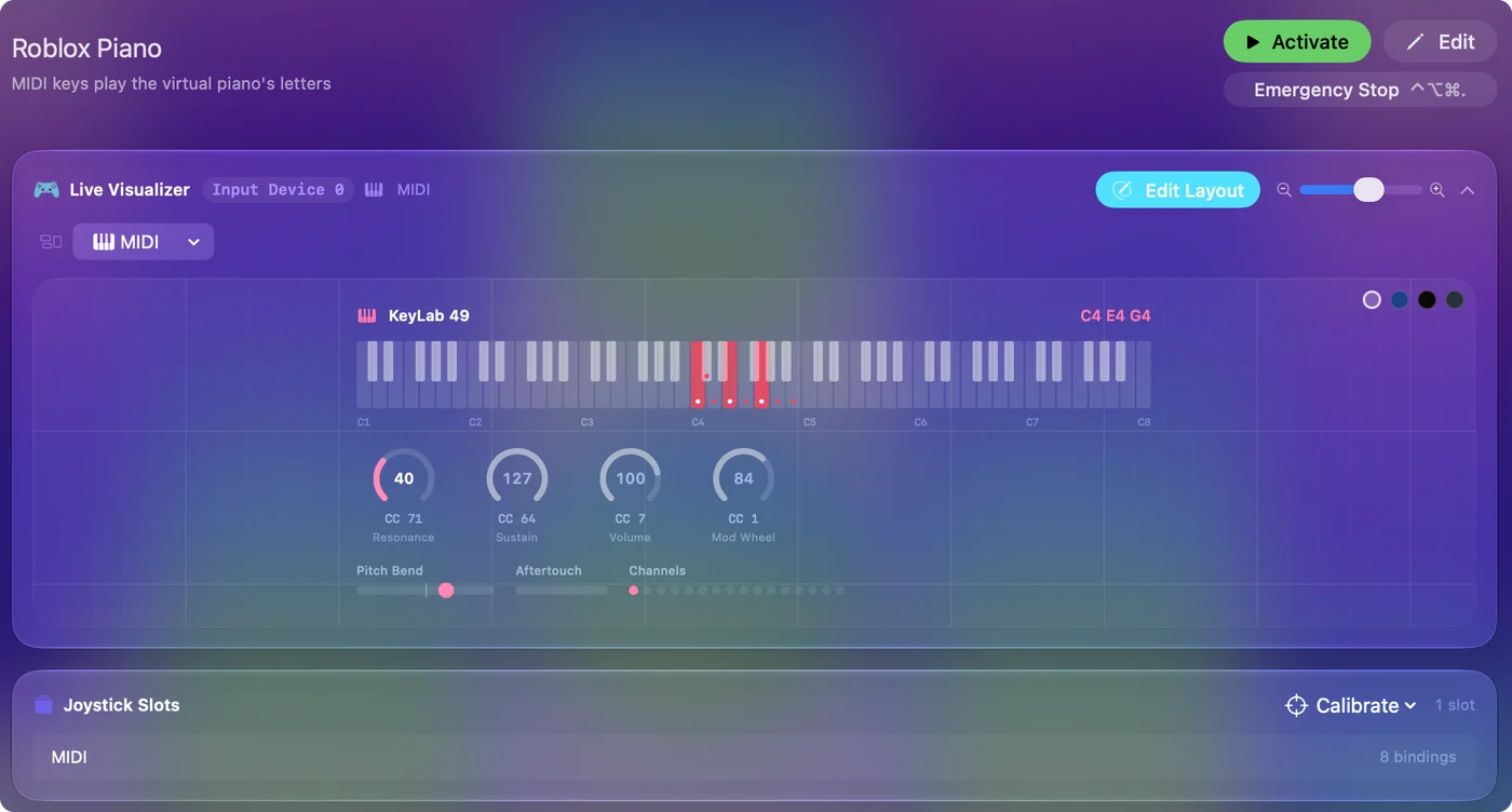 Stránka předvolby Roblox Piano v InputConfig s Live Visualizerem v MIDI zobrazení, ukazujícím klávesnici, otočné ovladače a poslední přijaté noty.