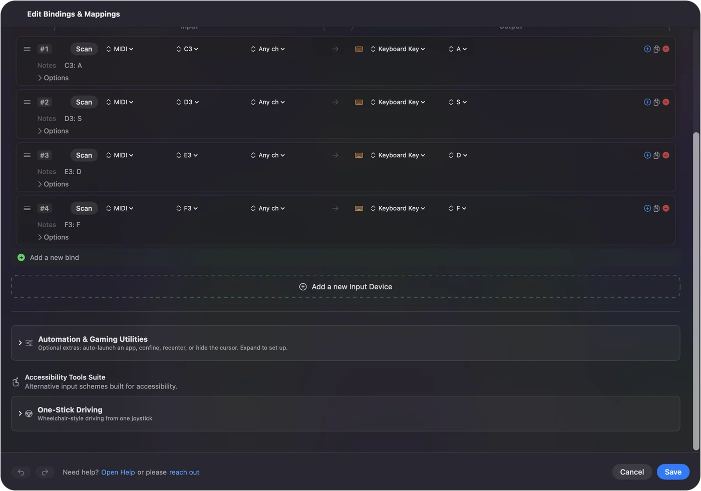InputConfig's binding editor with MIDI note rows sending letter keys: C3 sends A, D3 sends S, E3 sends D, C sharp 3 sends Shift W, and the sustain pedal on CC 64 holds Shift.