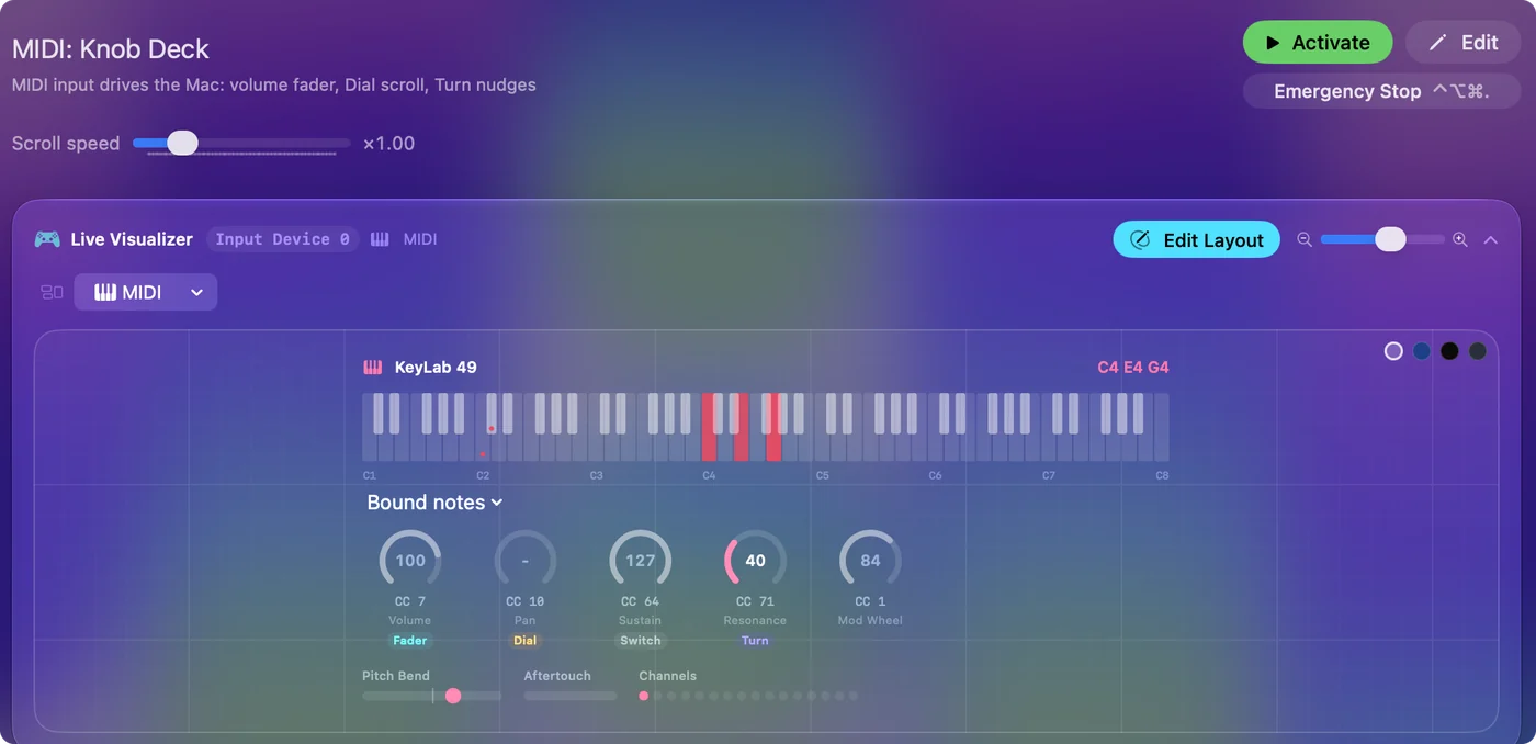 El Live Visualizer de InputConfig en su vista MIDI con el preajuste MIDI: Knob Deck, mostrando un teclado, diales y los últimos mensajes.