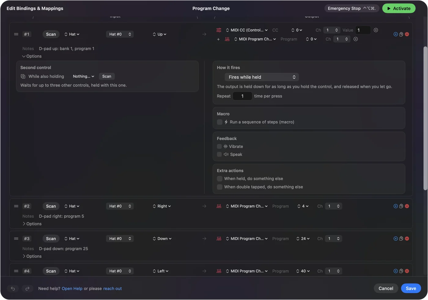 El editor de InputConfig con filas de la cruceta que envían cada una un Program Change, una con un Bank Select antes.