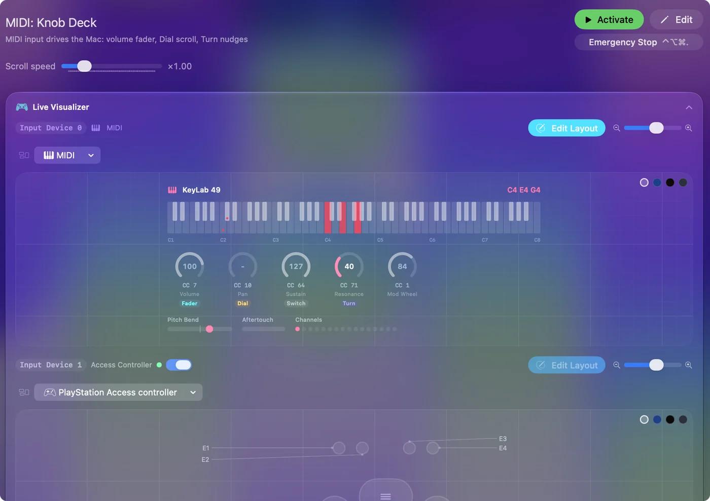 The Live Visualizer's MIDI view showing a pedal's control change in the event log.
