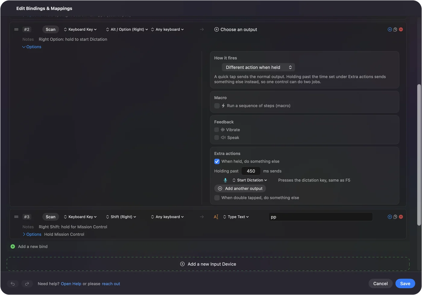 Die eingebaute Voreinstellung Modifier Holds in InputConfig, bei der die Zeile der rechten Option-Taste beim Halten Diktat starten ist.