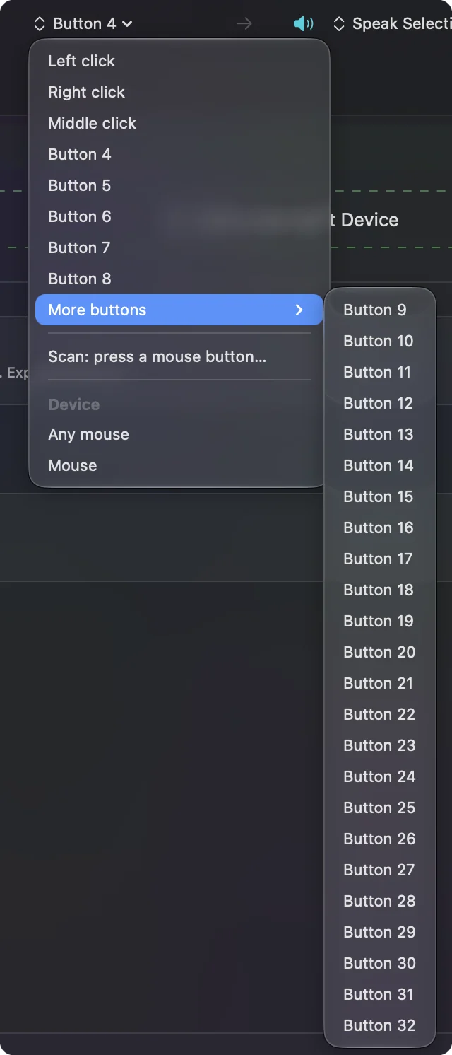 The button menu of a Mouse row in InputConfig, listing Left click, Right click, Middle click and Button 4 to Button 8, with the More buttons submenu showing Button 9 to Button 32.