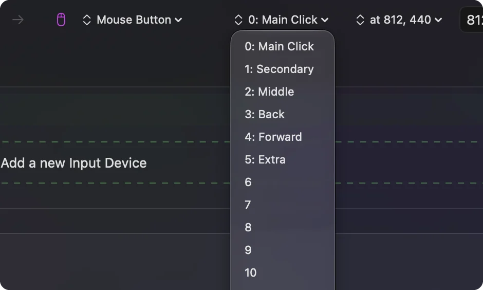 The button menu on a Mouse Button output in the InputConfig editor, open, listing 0: Main Click, 1: Secondary, 2: Middle, 3: Back, 4: Forward, 5: Extra and numbered buttons below.