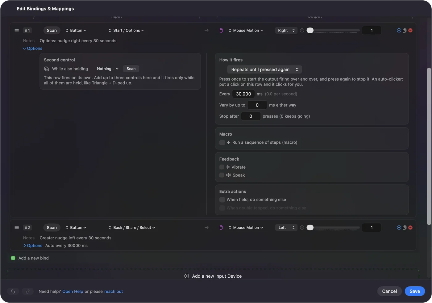 Řádek v editoru InputConfig s otevřenými Možnostmi: dva řádky tlačítek, které posouvají kurzor doprava a doleva, každý se opakuje každých 30 000 ms.