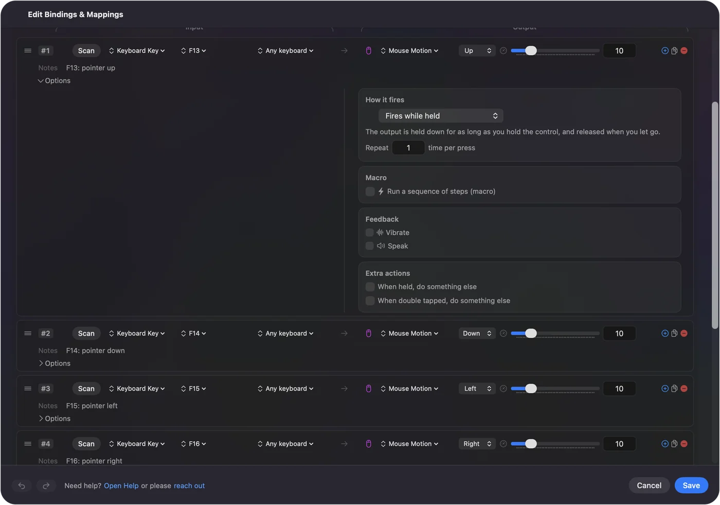 Řádek v editoru InputConfig s otevřenou položkou Options: řádky, kde F13 až F16 hýbou ukazatelem nahoru, dolů, doleva a doprava a F17 klikne.