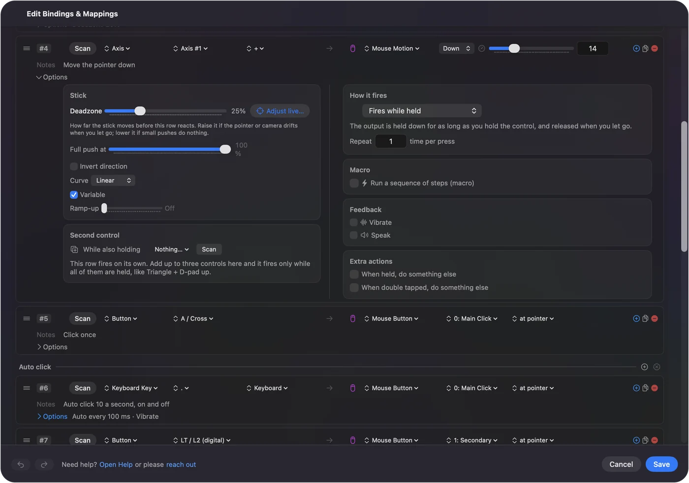 Řádek v editoru InputConfig s otevřenými Možnostmi: řádek z předvolby Auto Clicker s poli pro interval, náhodnou odchylku a limit kliků.