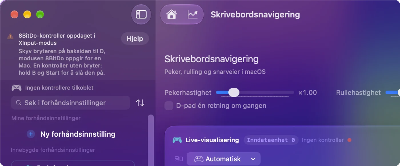 Hovedvinduet i InputConfig med en merknad om at en 8BitDo-kontroller ble oppdaget i X-modus, og modusen som skal brukes for den modellen.