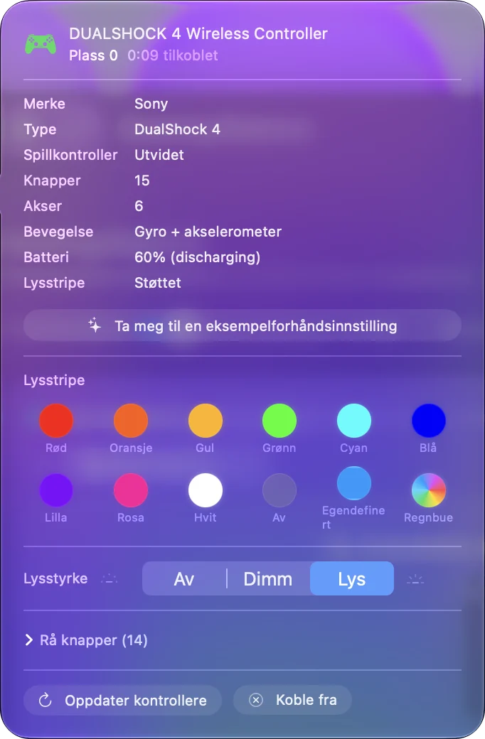 Kontroller-popupen i InputConfig for en DualShock 4 med batterinivå og lysstripefarge.