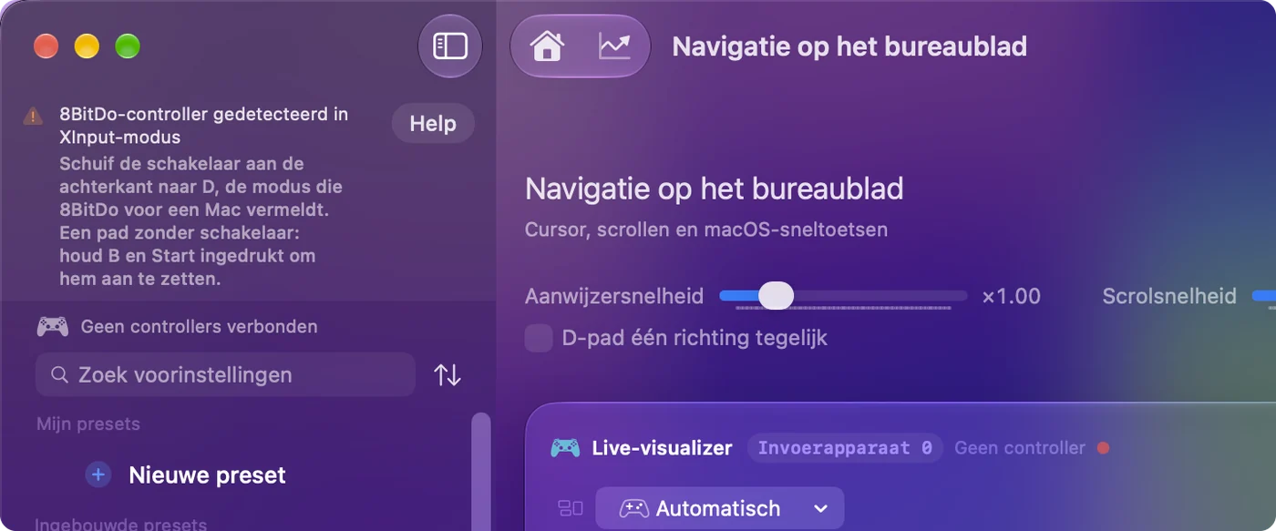 Het hoofdvenster van InputConfig met een melding dat een 8BitDo-controller is gedetecteerd in X-modus, en de modus die je voor dat model moet gebruiken.