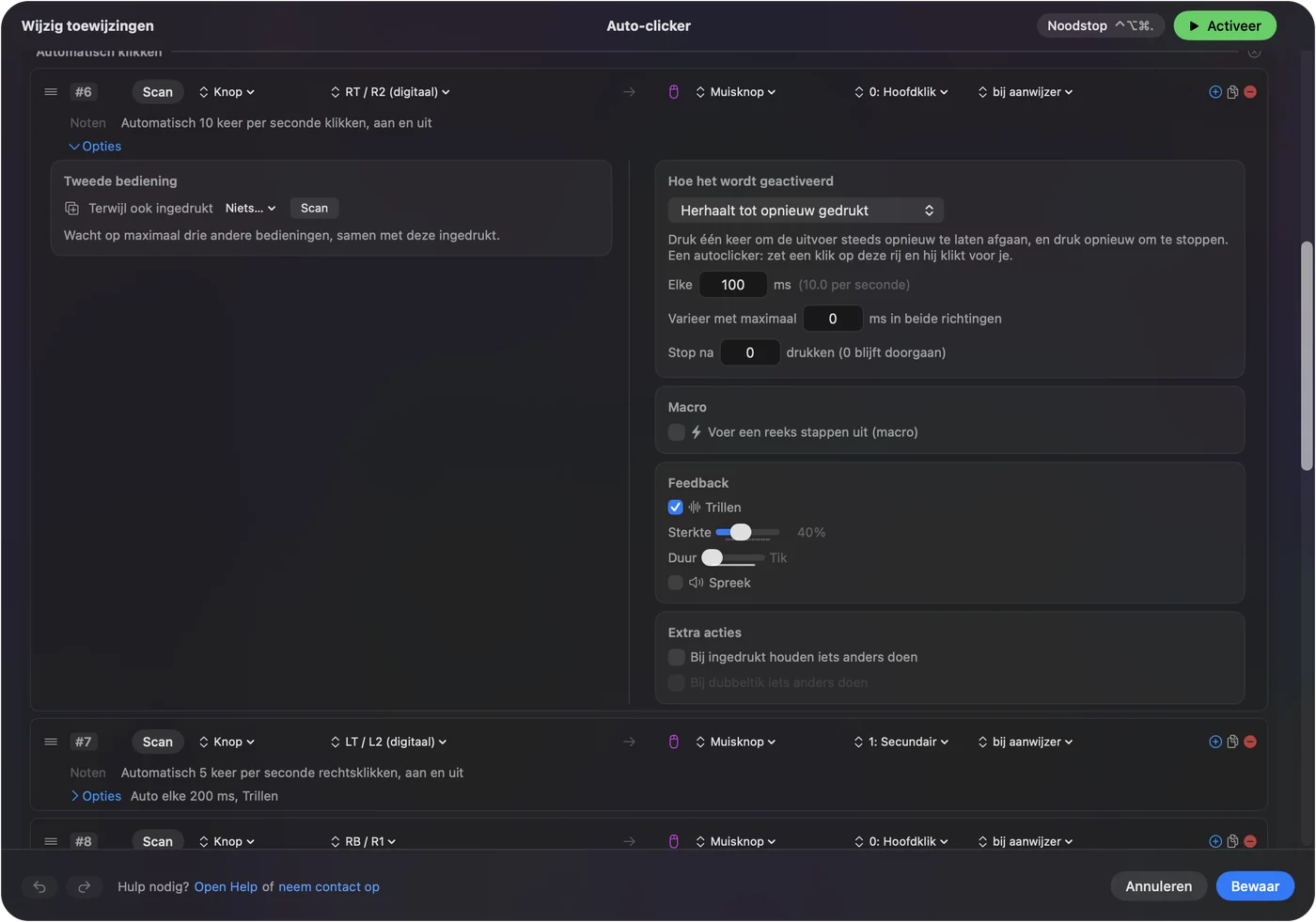 De opties van een rij in de editor van InputConfig: How it fires ingesteld op herhalen tot de volgende druk, Every op 100 ms met 10.0 per second ernaast, en Vary by up to en Stop after eronder.