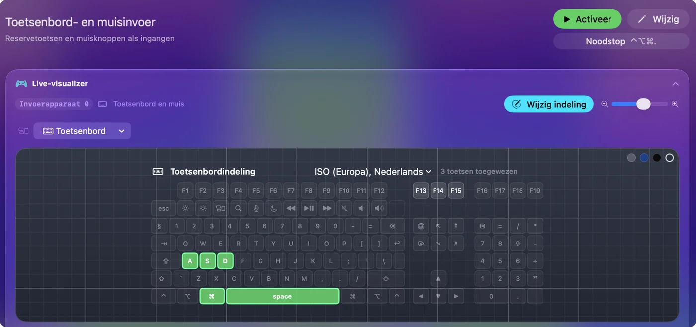 De sjabloon Keyboard van de Live Visualizer, getekend als het toetsenbord van een MacBook, met de ingedrukte toetsen oplichtend.