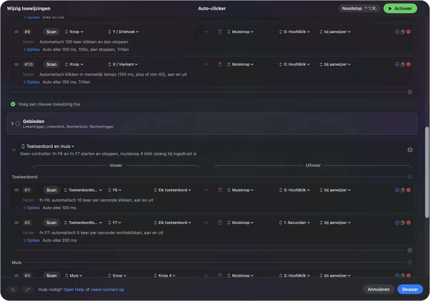De Auto Clicker-voorinstelling in de InputConfig-editor, met de toetsenbord- en muisrijen: fn F6 klikt links 10 per seconde aan en uit, fn F7 klikt rechts 5 per seconde aan en uit, en muisknop 4 klikt links 15 per seconde zolang hij is ingedrukt.
