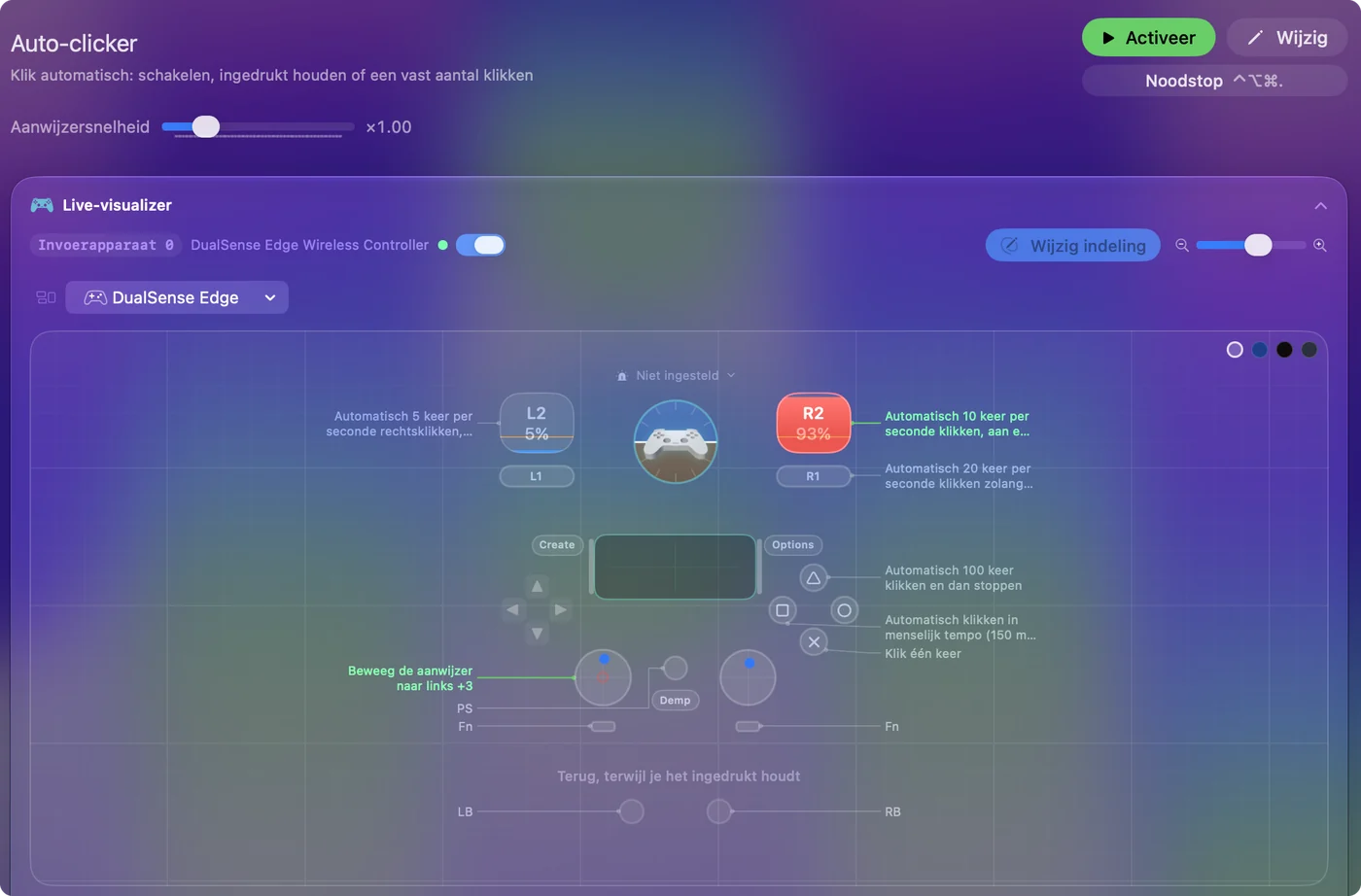 De pagina van de preset Auto Clicker in InputConfig, in de map Desktop en Productiviteit, met zijn controllerrijen en zijn toetsenbord- en muisrijen.