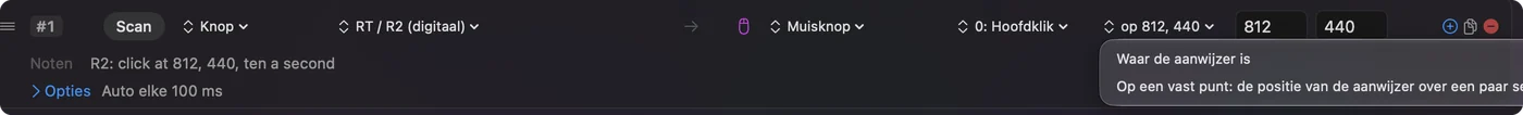 Het klikmenu naast een uitvoer Mouse Button, open, met de keuzes Waar de aanwijzer is en Op een vast punt: de positie van de aanwijzer nu gebruiken.
