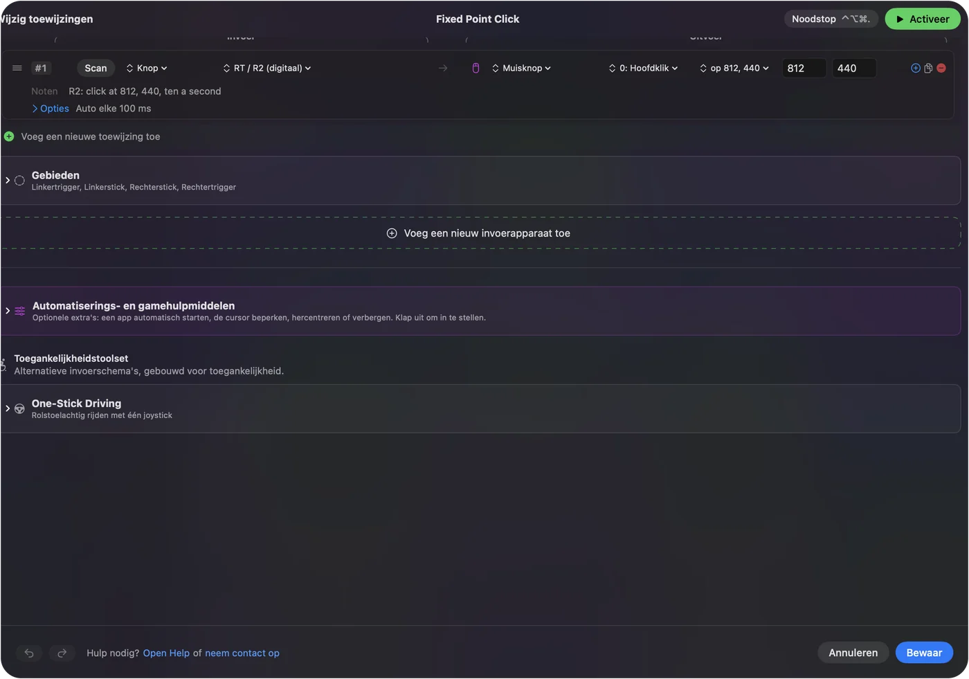 Een klikrij in de InputConfig-editor met een Mouse Button-uitvoer, waarvan het menu op 812, 440 staat, en de velden X en Y ernaast met 812 en 440.