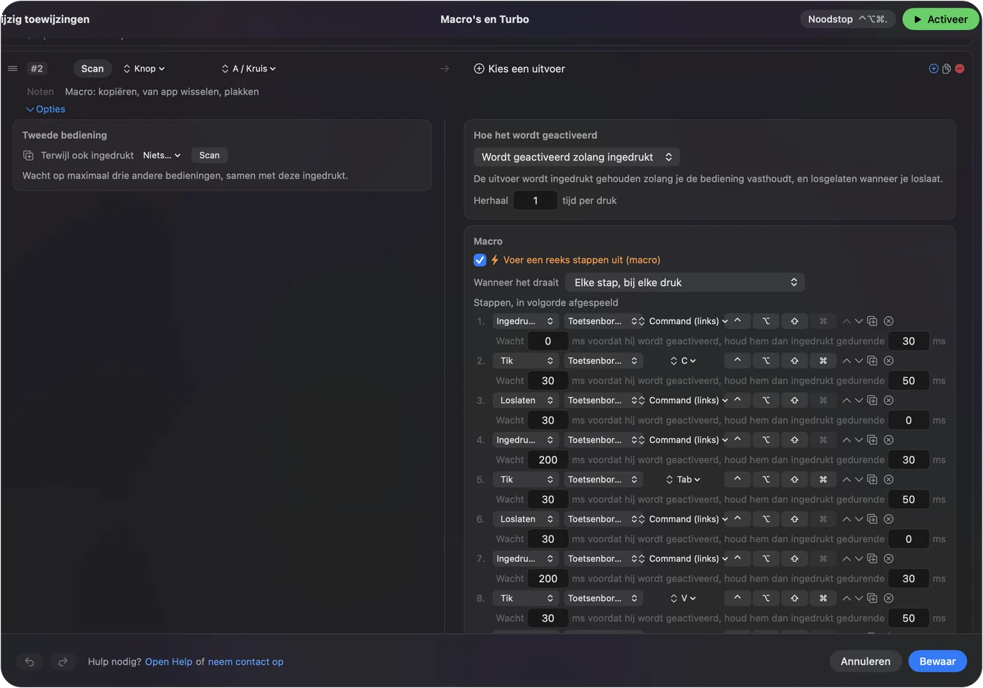 De macro-editor van InputConfig met de optie voor een reeks stappen aangevinkt en genummerde stappen die Command vasthouden, een letter indrukken, Command loslaten en wachten tussen de stappen.