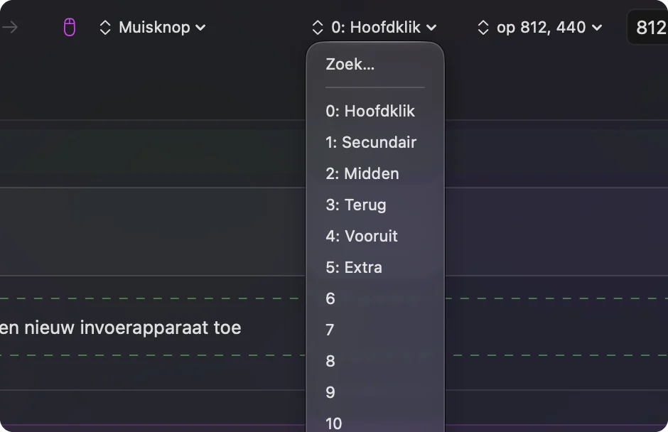 Het uitvoermenu van een muisrij in InputConfig.