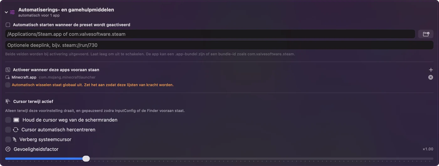 Het gedeelte voor automatisering en gaming-hulpmiddelen van een kopie van de Auto Clicker-voorinstelling, met één app vermeld onder de optie voor apps die voorop staan.
