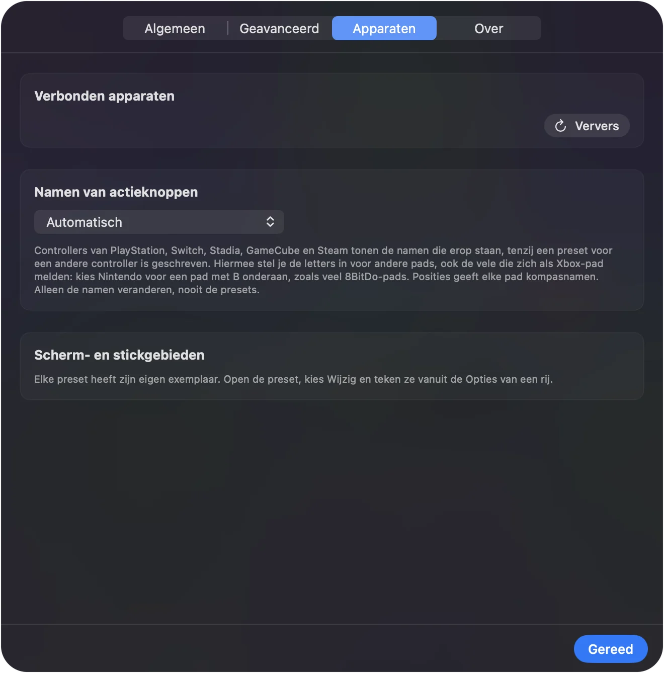 Lijst met verbonden apparaten in de instellingen van InputConfig.