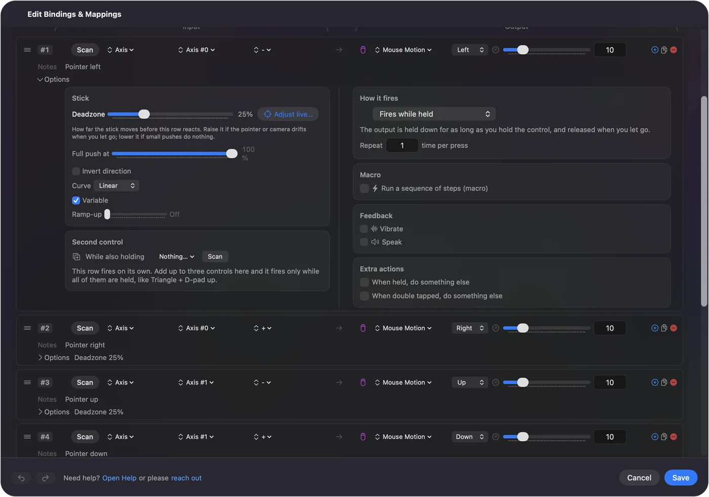 A row in InputConfig's editor with its Options open: stick rows moving the pointer, a trigger row that clicks and a button row sending Return.