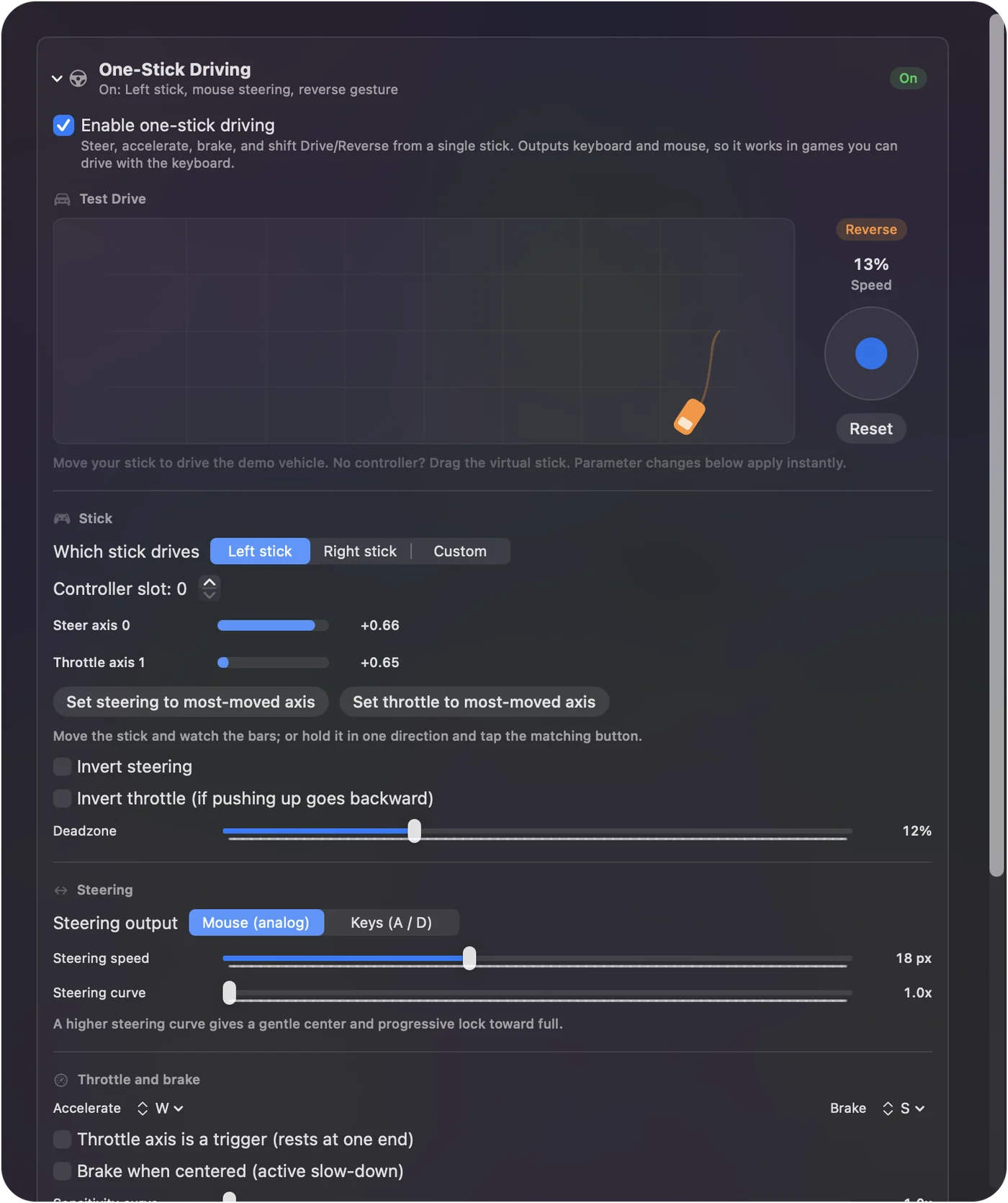 The One-Stick Driving section of the InputConfig editor, with the stick picker, steering and throttle readouts, and the accelerate and brake keys.