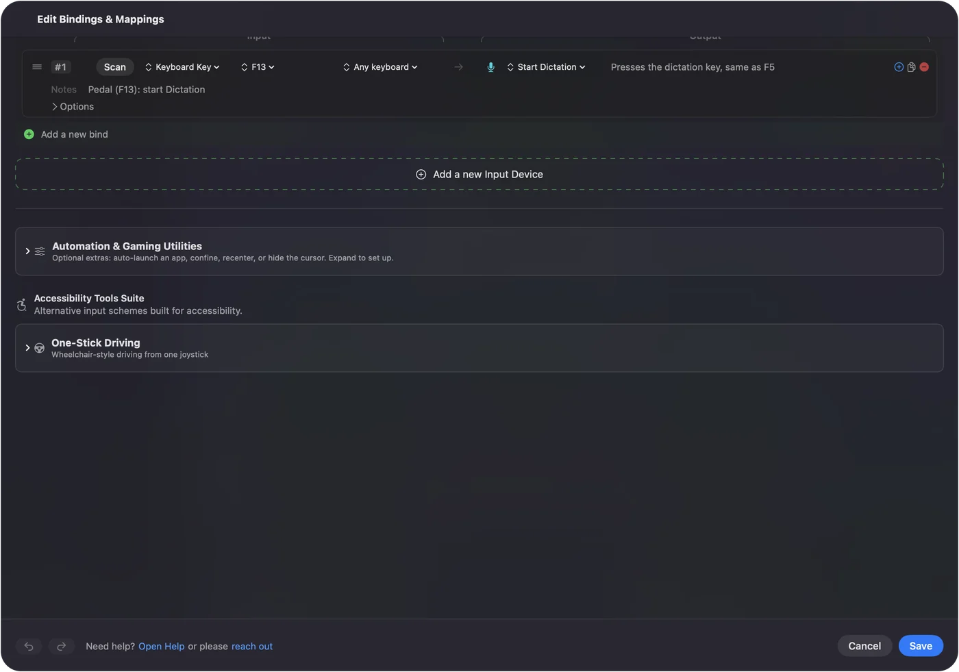 Řádek v editoru InputConfig s F13 z nožního pedálu jako vstupem a Start Dictation jako výstupem.
