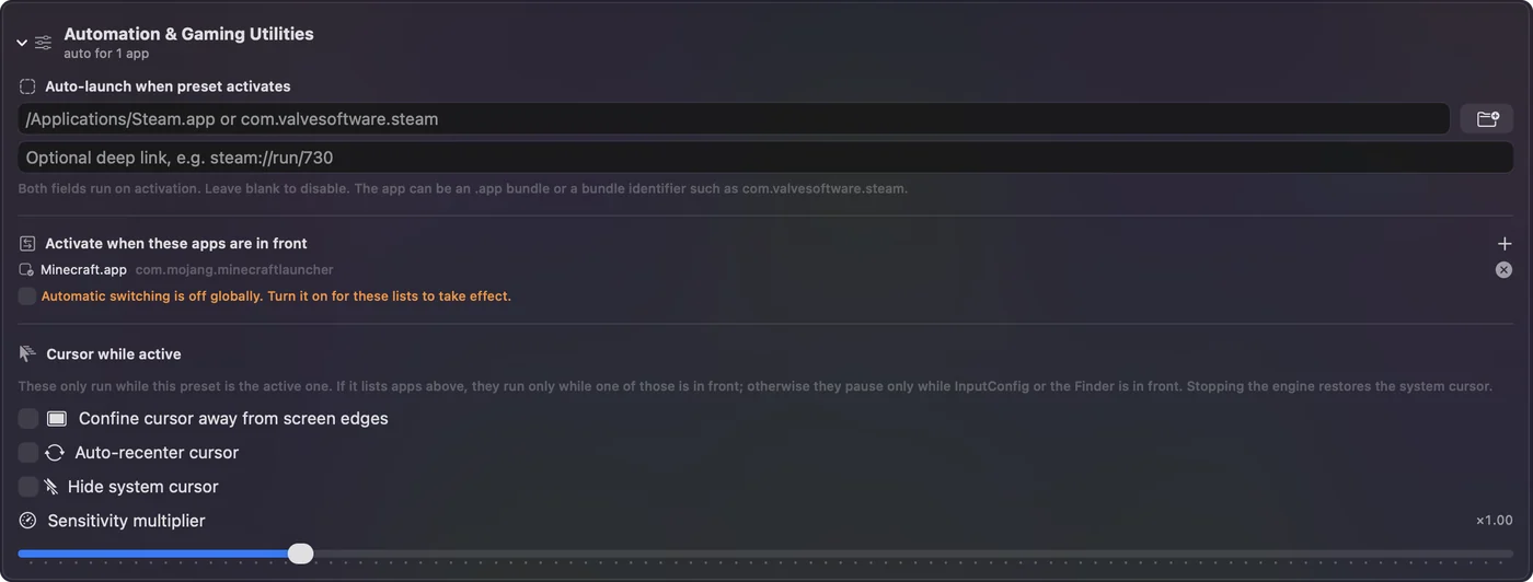 The Automation and Gaming Utilities section of a copy of the Auto Clicker preset, with one app listed under Activate when these apps are in front.