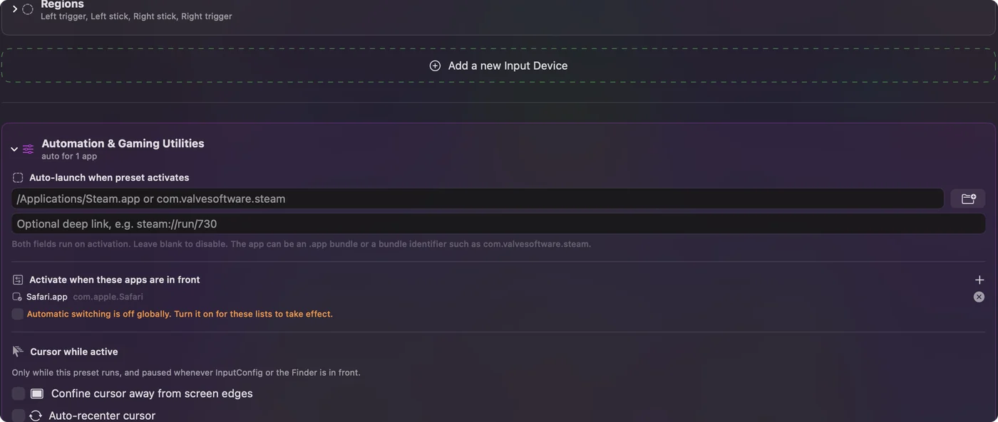 The Automation and Gaming Utilities section of InputConfig's editor with the list of apps a preset activates for.