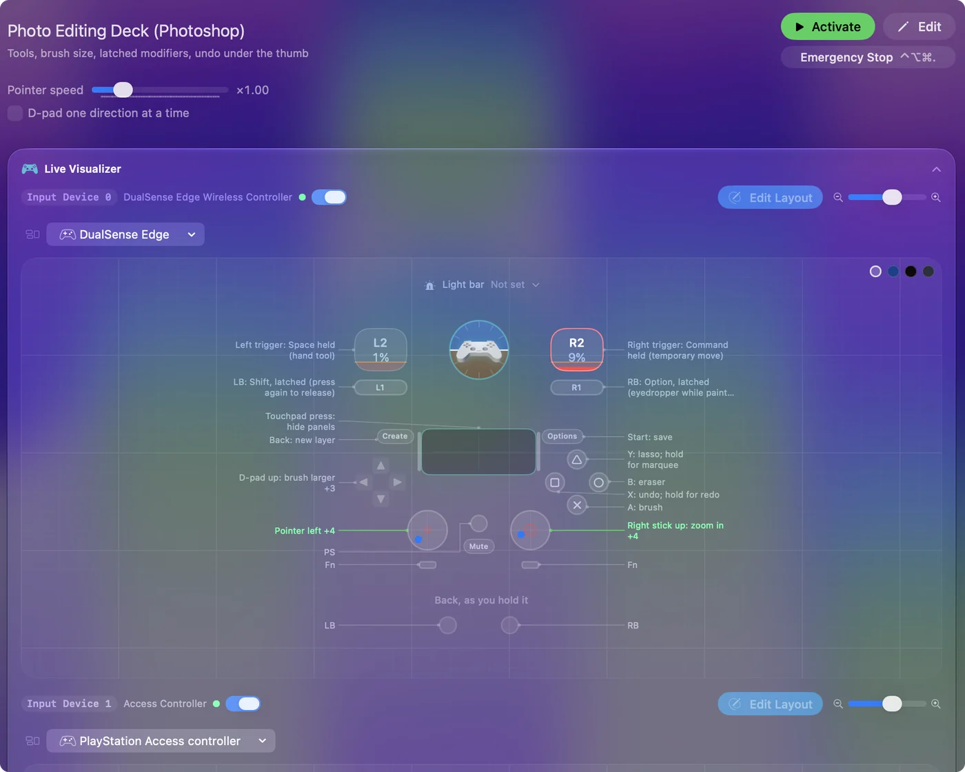 Eine Photoshop-Voreinstellung in InputConfig, in der die Anzeige des Live Visualizer Pinsel, Radierer, Rückgängig und Pinselgröße auf den Tasten eines Controllers benennt.