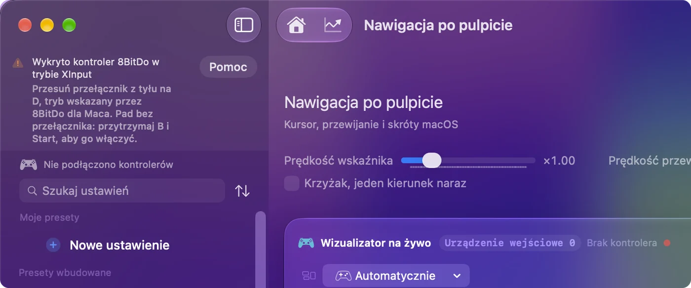 Główne okno InputConfig z uwagą, że wykryto kontroler 8BitDo w trybie X, i trybem do użycia dla tego modelu.
