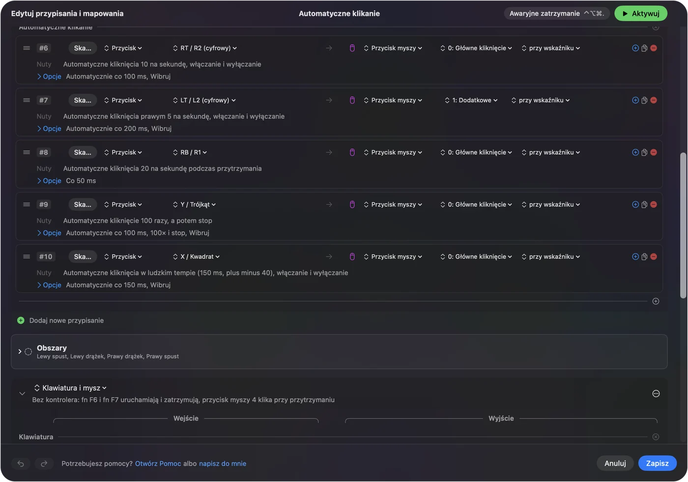 Wiersze wbudowanego presetu Auto Clicker w InputConfig: przyciski kontrolera wysyłające Main Click albo Secondary we wskaźniku, z notatkami takimi jak Auto click 10 a second, Auto click 100 times then stop i ludzkie tempo 150 ms plus minus 40.