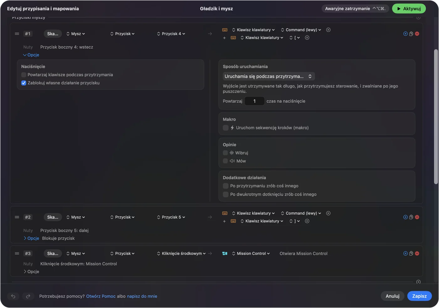 Edytor wiązań InputConfig z dwoma wierszami przycisków myszy wysyłającymi Command lewy nawias i Command prawy nawias, z zaznaczoną opcją Blokuj własną akcję przycisku w pierwszym.