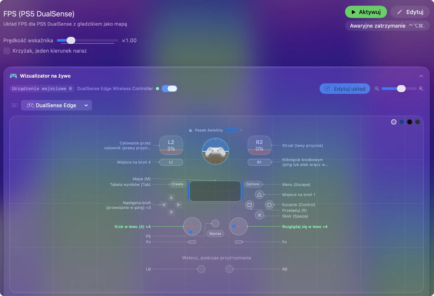 Live Visualizer w InputConfig pokazujący DualSense Edge z układem do strzelanek: wyzwalacze, przyciski, gładzik i gałki opisane swoimi klawiszami