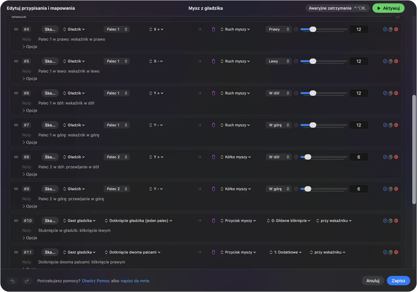 Edytor InputConfig z wierszem touchpada przesuwającym wskaźnik, z wierszami stuknięcia i dwupalcowego stuknięcia pod nim.
