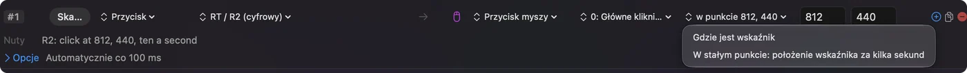 Menu obok wyjścia kliknięcia w edytorze InputConfig, otwarte na pozycji wskaźnika i na stałym punkcie.