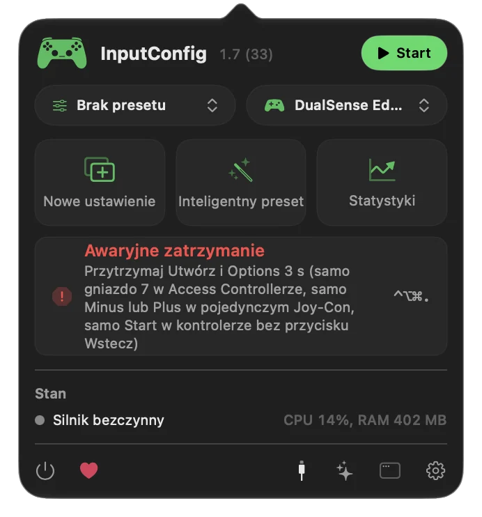 Okno paska menu InputConfig z czerwonym przyciskiem Emergency Stop, pod nim przytrzymanie na kontrolerze, a po prawej skrót klawiszowy.