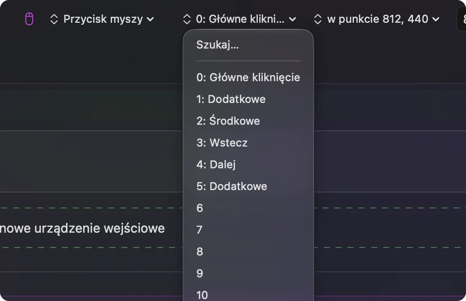 Menu wyjścia wiersza myszy w InputConfig.