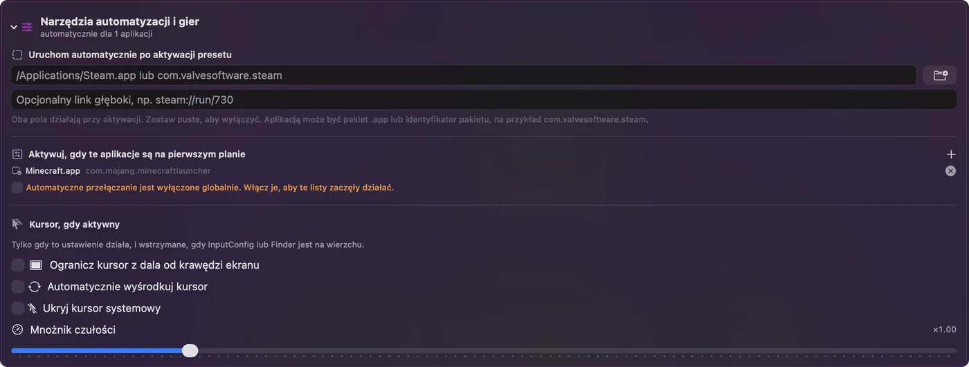 Sekcja Automation and Gaming Utilities kopii presetu Auto Clicker, z jedną aplikacją na liście pod Activate when these apps are in front.