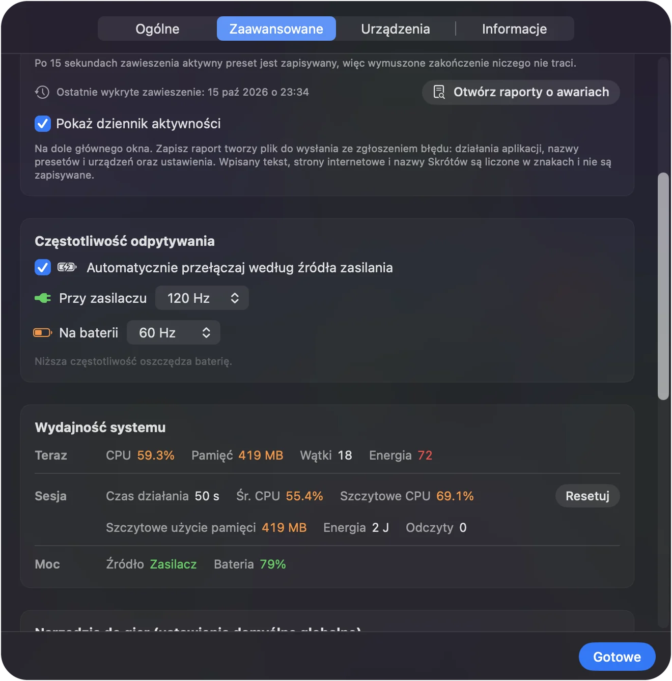 Karta Settings, Advanced w InputConfig z polem Polling rate: Auto-switch on power source zaznaczone, On power adapter na 120 Hz i On battery na 60 Hz, z liczbami System performance poniżej.